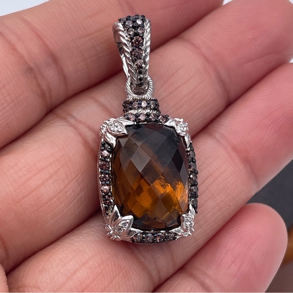 Judith Ripka Smoky Citrine Quartz Enhancer Pendant 925 Sterling Silver Color CZ - Picture 4 of 9